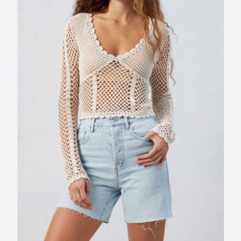 Cream Crochet Long Sleeve Top